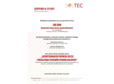 Certyfikat autoryzacji SOLTEC