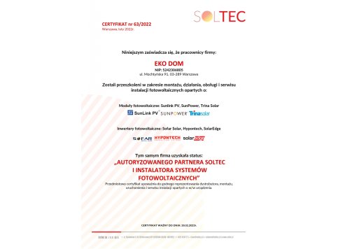 Certyfikat autoryzacji Soltec