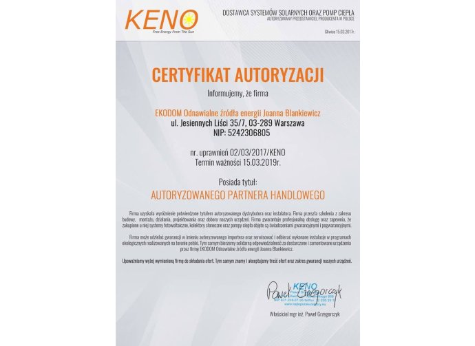 Certyfikat Keno