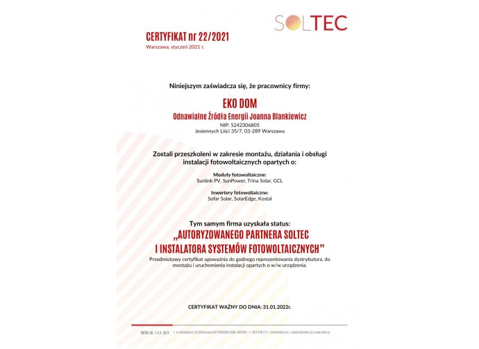Certyfikat autoryzacji SOLTEC
