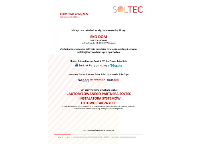 Certyfikat autoryzacji Soltec