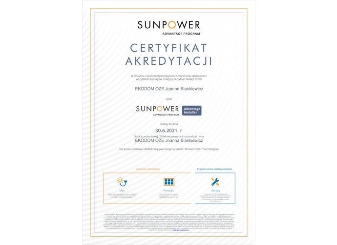 Certyfikat SunPower - Advantage Installer